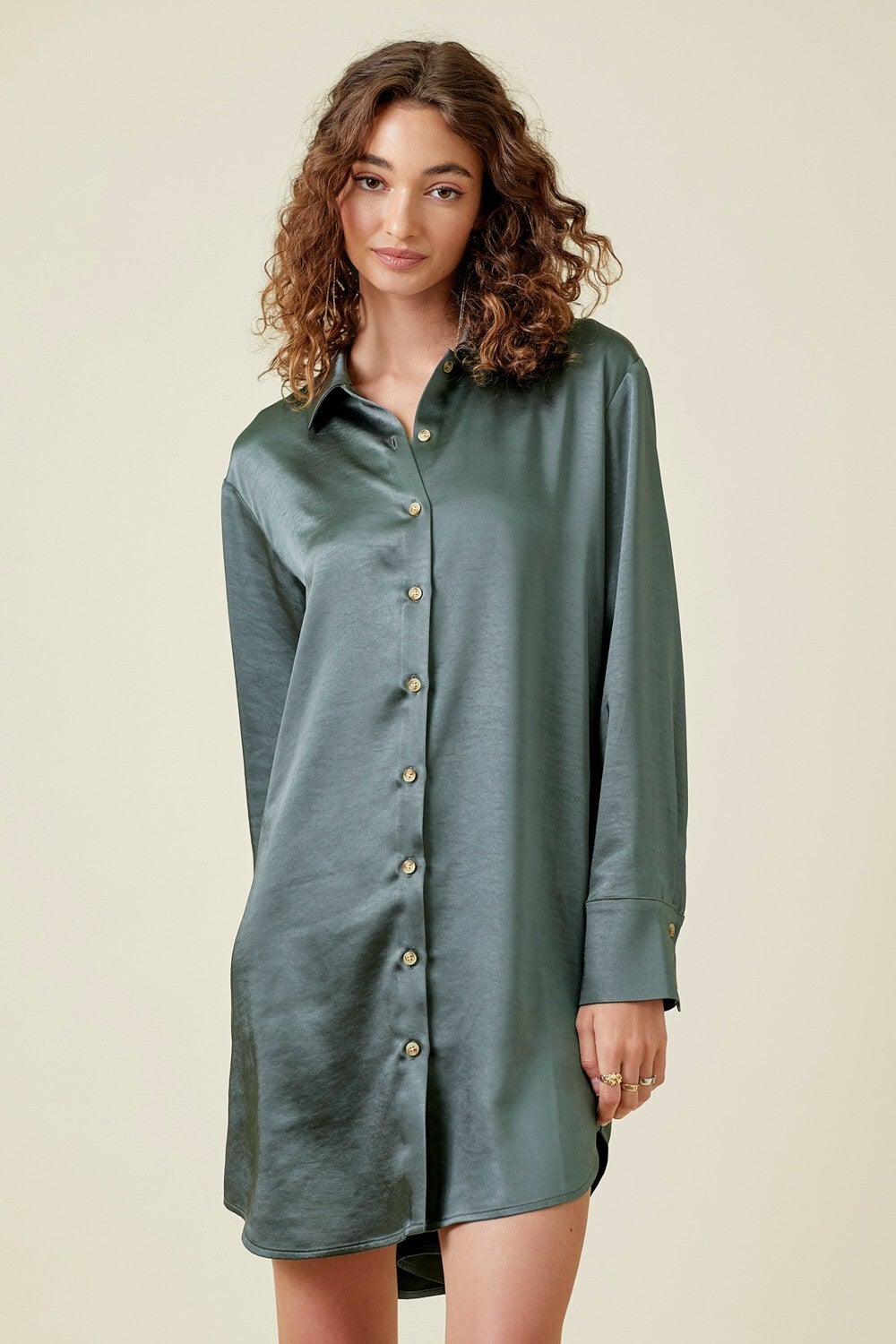 Emerald Silky Shirt Dress